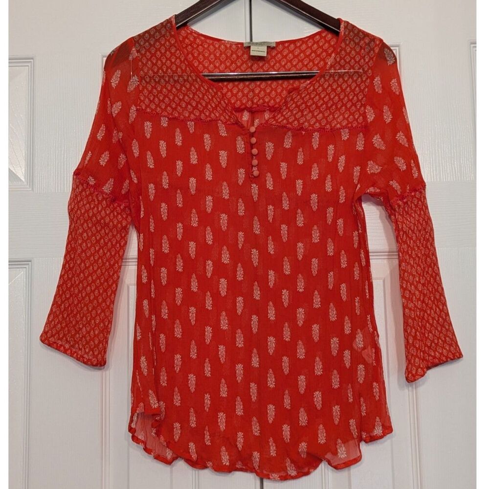 Lucky Brand Red Paisley Print Sheer Crinkle Peasant Top Size Large